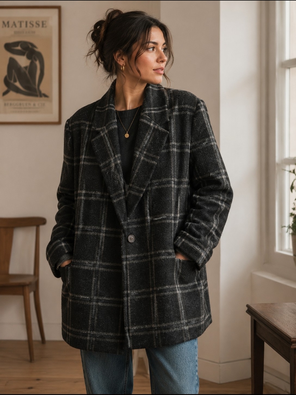 Classic Black Plaid Wool-Blend Coat - Women